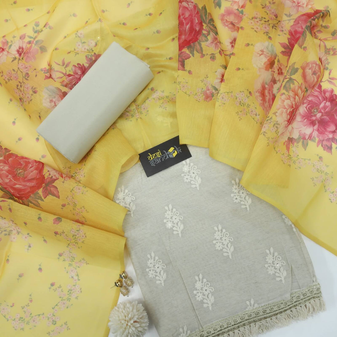 Sand Beige Thread Work Chanderi Top with Yellow Chanderi Dupatta Set
