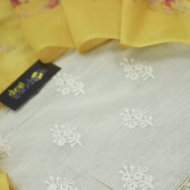 Sand Beige Thread Work Chanderi Top with Yellow Chanderi Dupatta Set