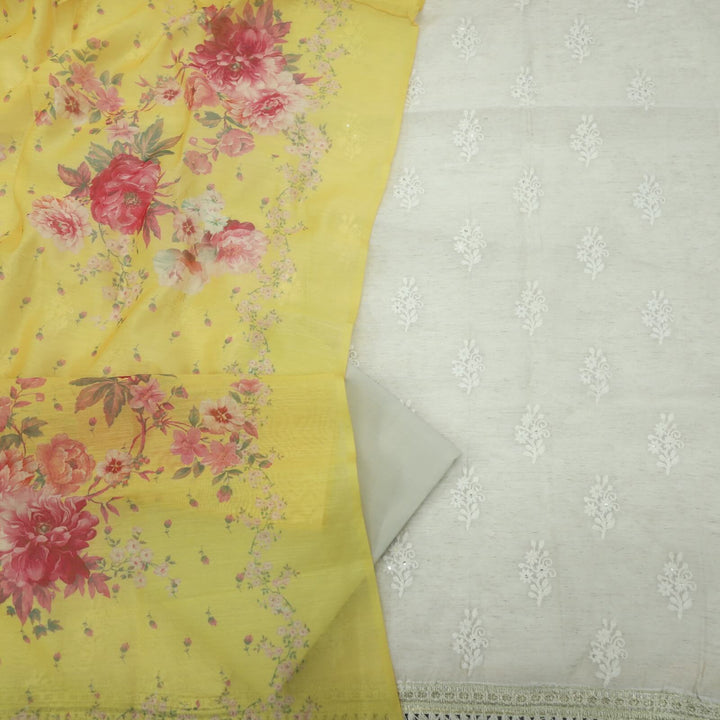 Sand Beige Thread Work Chanderi Top with Yellow Chanderi Dupatta Set