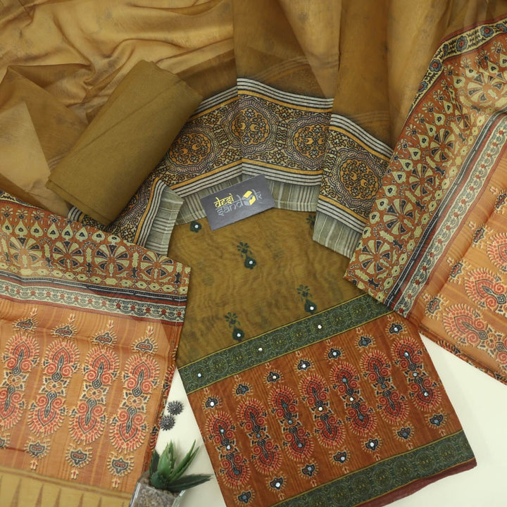 Sand Yellow Digital Printed Chanderi Top with Chanderi Printed Dupatta Set
