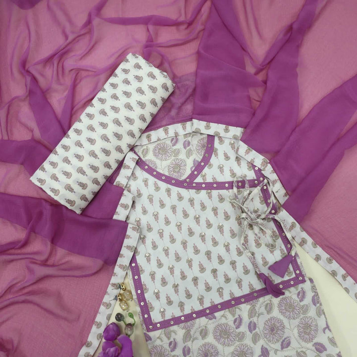 Mauve and Beige Printed Angrakha Neck Cotton Top with Chiffon Dupatta Set