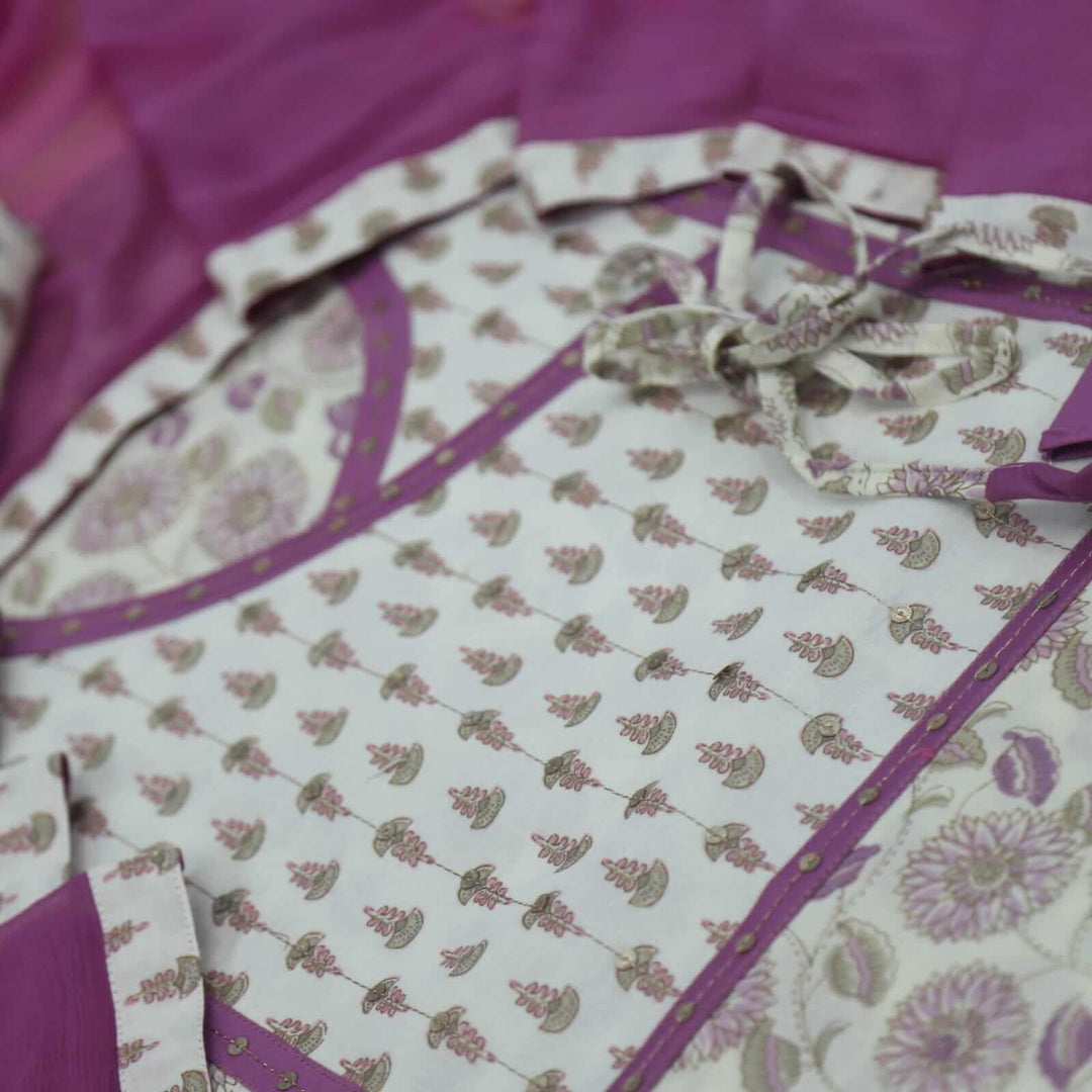 Mauve and Beige Printed Angrakha Neck Cotton Top with Chiffon Dupatta Set