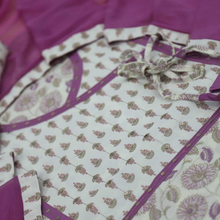 Mauve and Beige Printed Angrakha Neck Cotton Top with Chiffon Dupatta Set
