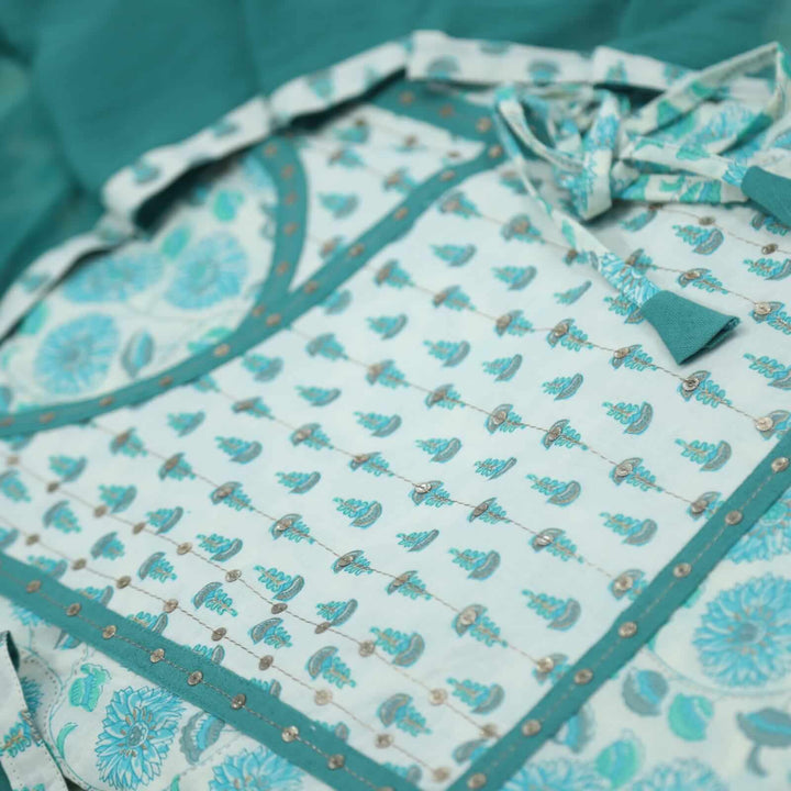 Aqua Printed Angrakha Neck Cotton Top with Chiffon Dupatta Set