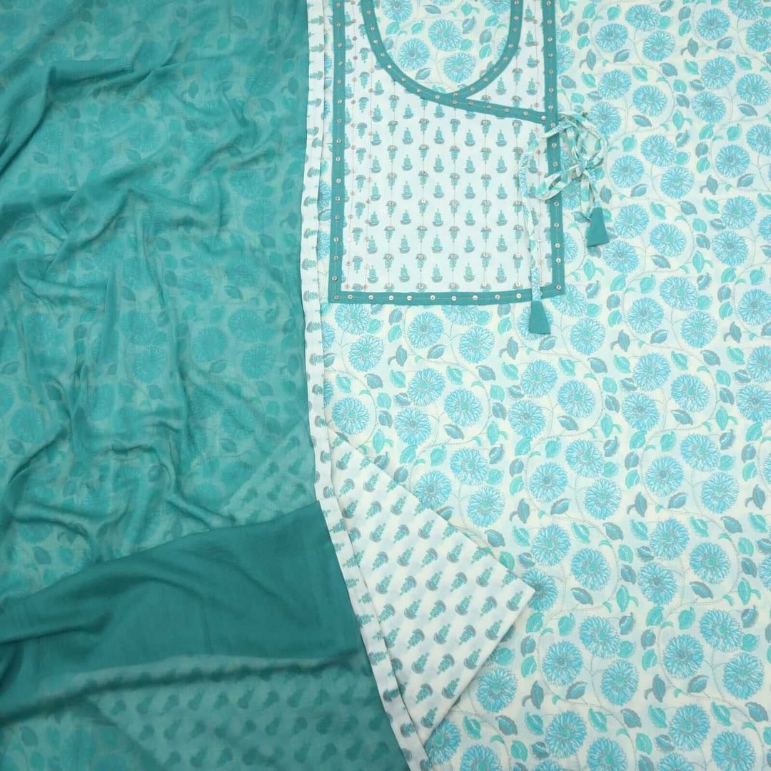 Aqua Printed Angrakha Neck Cotton Top with Chiffon Dupatta Set