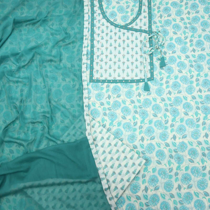 Aqua Printed Angrakha Neck Cotton Top with Chiffon Dupatta Set