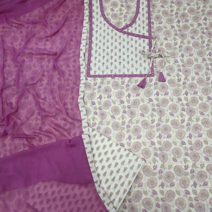 Mauve and Beige Printed Angrakha Neck Cotton Top with Chiffon Dupatta Set