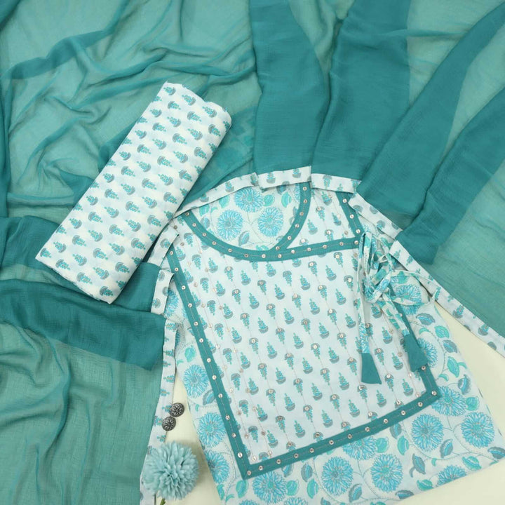 Aqua Printed Angrakha Neck Cotton Top with Chiffon Dupatta Set