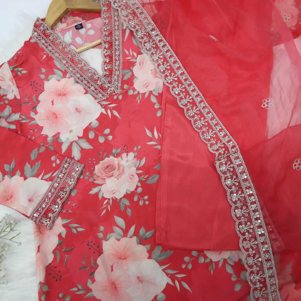 Qurbat Rossy Pink Floral Printed Muslin Top with Organza Dupatta 3 Piece Set