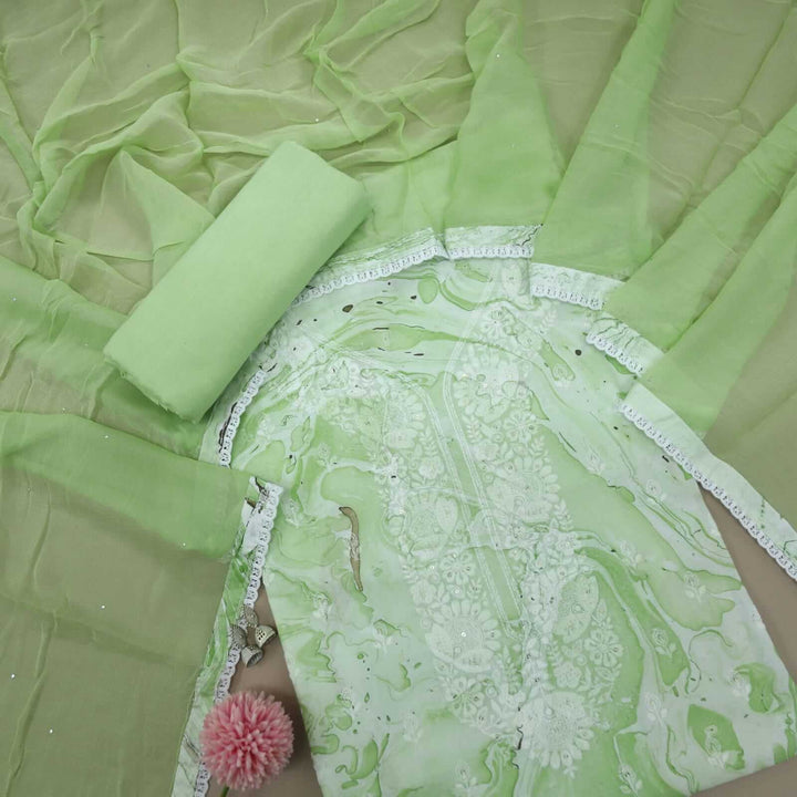 Ruhaaniyat Mint Green Embroidered Neck Marble Digital Printed Cotton Top with Chiffon Dupatta Set