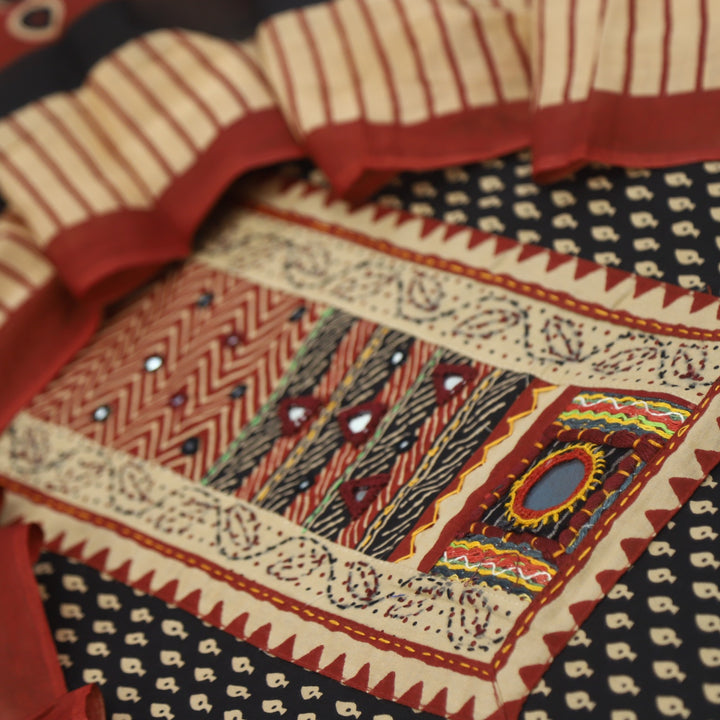 Bandegi Jade Black Kantha Work Neck Printed Cotton Top With Printed Cotton Dupatta Set