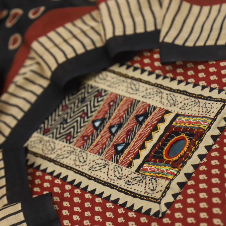 Bandegi Blood Red Kantha Work Neck Printed Cotton Top With Printed Cotton Dupatta Set