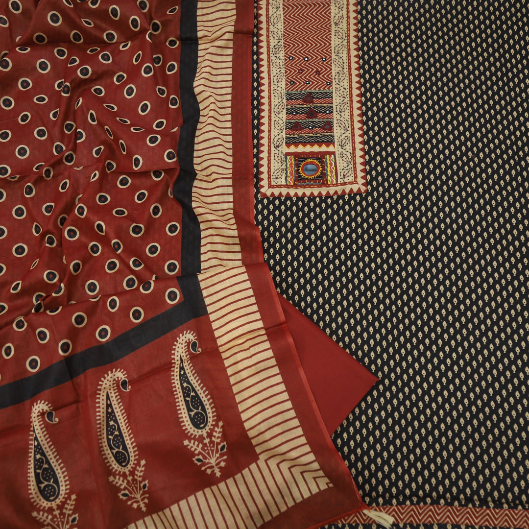 Bandegi Jade Black Kantha Work Neck Printed Cotton Top With Printed Cotton Dupatta Set