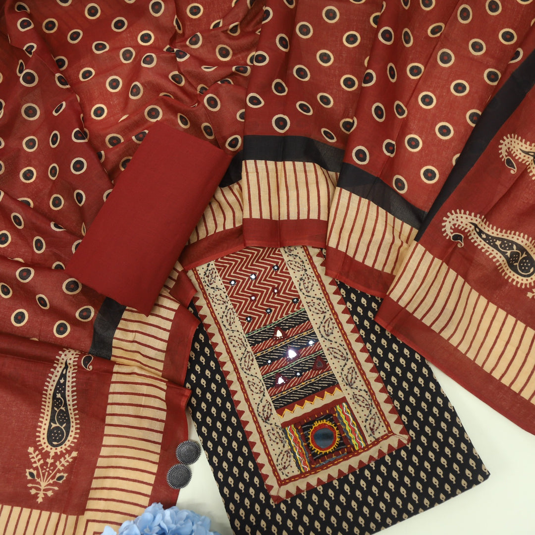 Bandegi Jade Black Kantha Work Neck Printed Cotton Top With Printed Cotton Dupatta Set