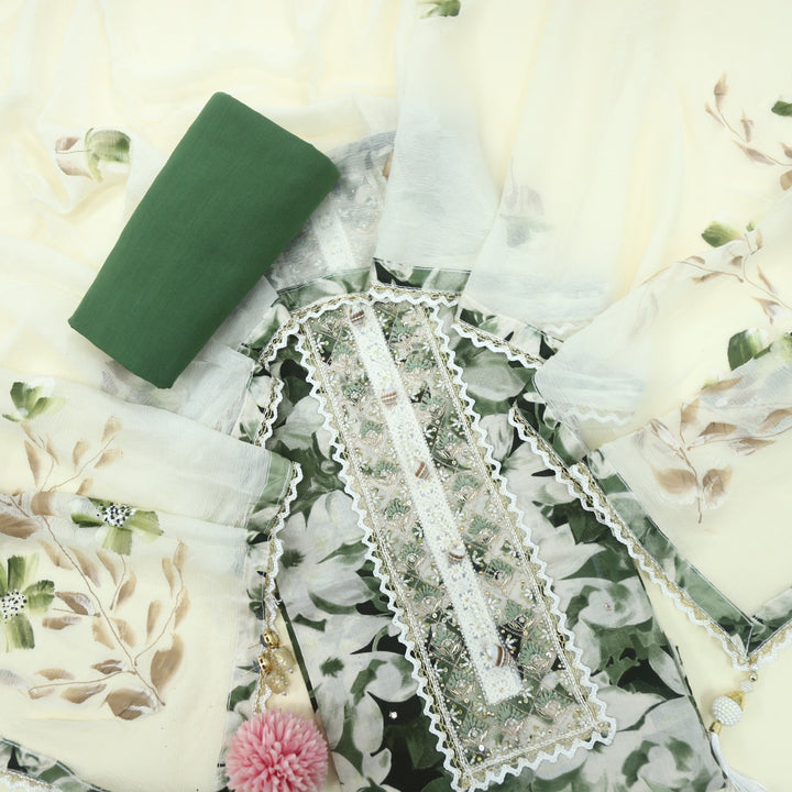 Hunter Green And Cream Printed Cotton Top with Cream Chiffon Hand Painted Dupatta Set