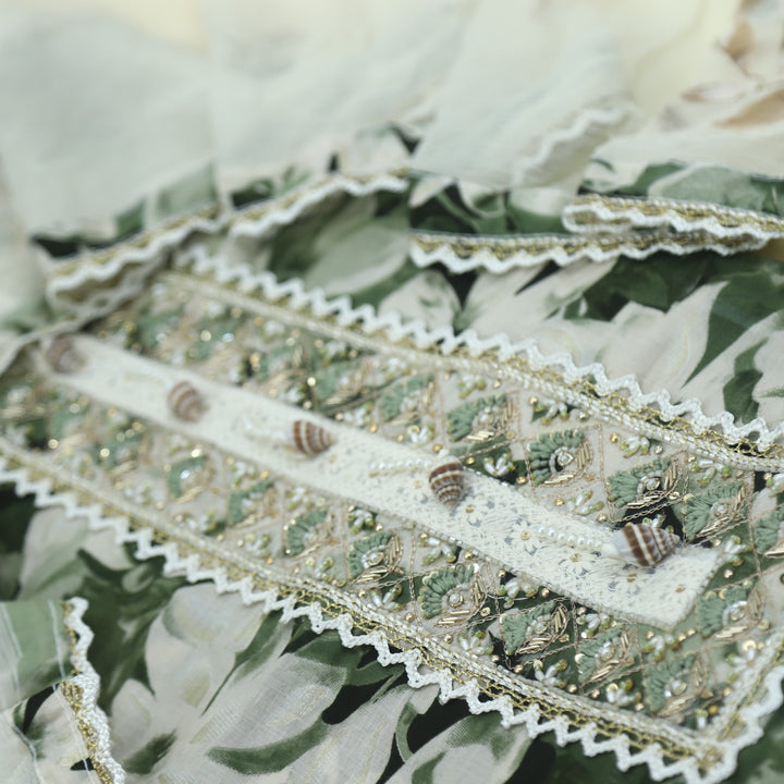 Hunter Green And Cream Printed Cotton Top with Cream Chiffon Hand Painted Dupatta Set