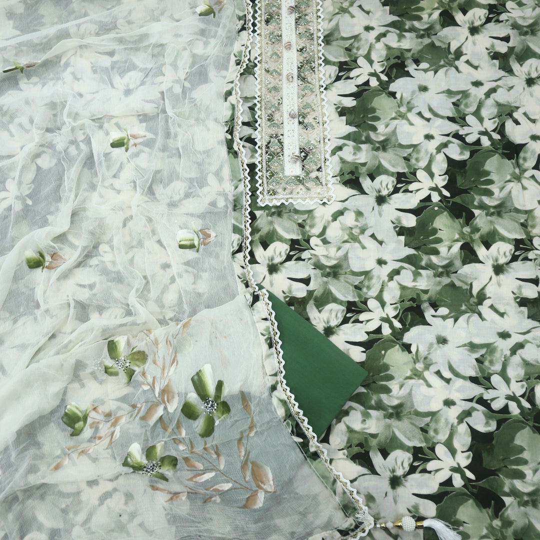 Hunter Green And Cream Printed Cotton Top with Cream Chiffon Hand Painted Dupatta Set