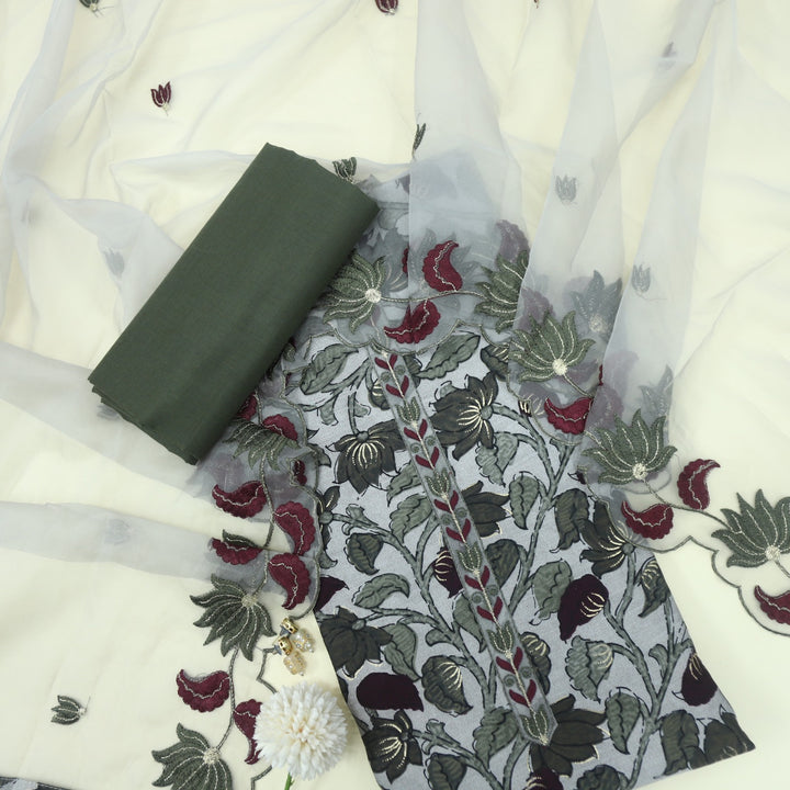 Afreen Smoke Grey Printed Modal Top with Thread Work Organza Dupatta Set