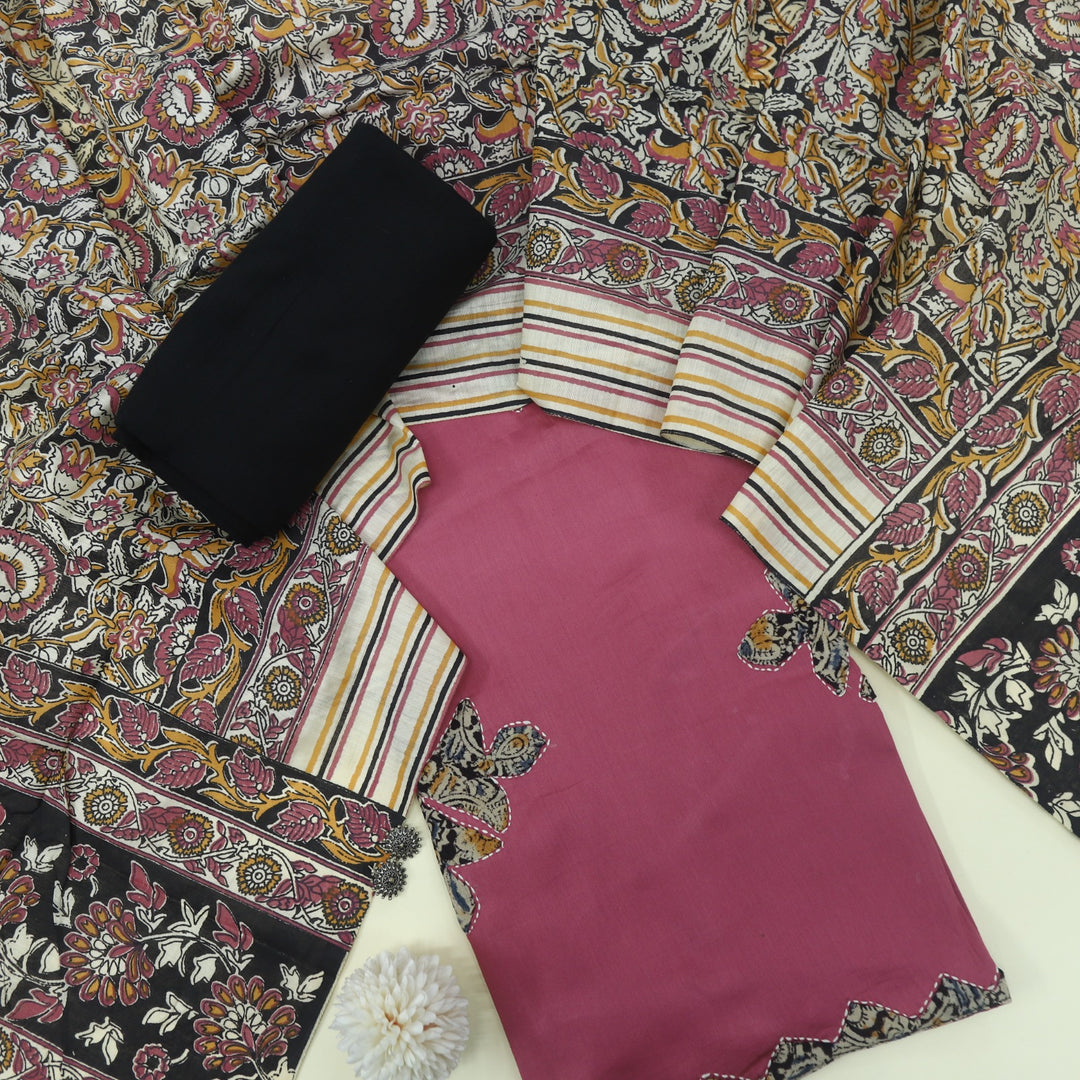 Ehmiyat Rose Pink Applique Work Glazed Cotton Top with Art Chanderi Dupatta Set