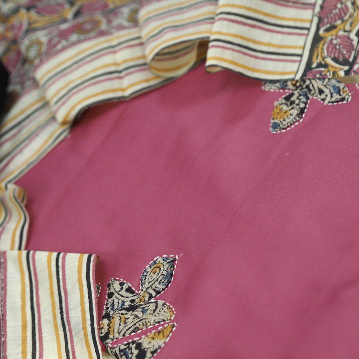 Ehmiyat Rose Pink Applique Work Glazed Cotton Top with Art Chanderi Dupatta Set