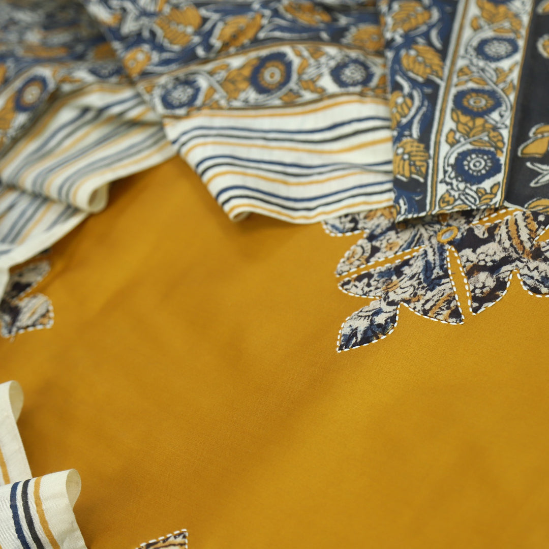Ehmiyat Honey Yellow Applique Work Glazed Cotton Top with Art Chanderi Dupatta Set