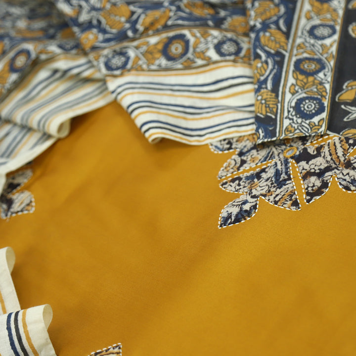Ehmiyat Honey Yellow Applique Work Glazed Cotton Top with Art Chanderi Dupatta Set