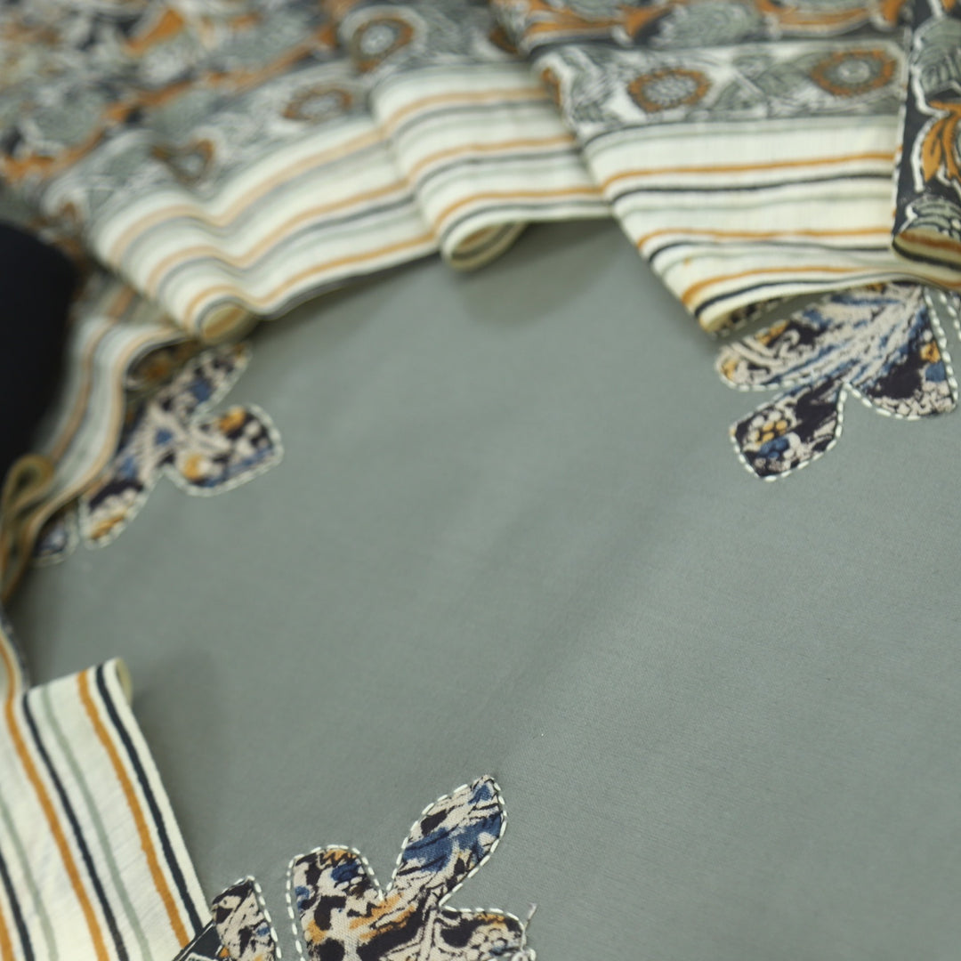 Ehmiyat Stone Grey Applique Work Glazed Cotton Top with Art Chanderi Dupatta Set