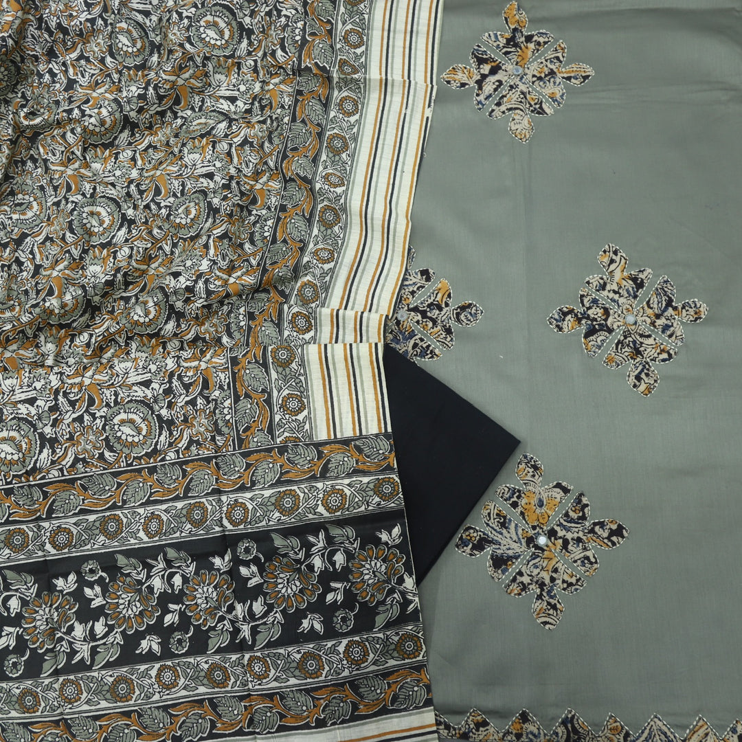 Ehmiyat Stone Grey Applique Work Glazed Cotton Top with Art Chanderi Dupatta Set