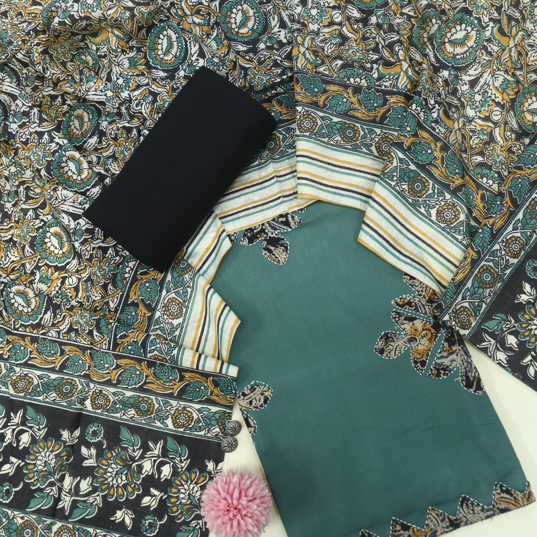 Ehmiyat Dark Sage Green Applique Work Glazed Cotton Top with Art Chanderi Dupatta Set