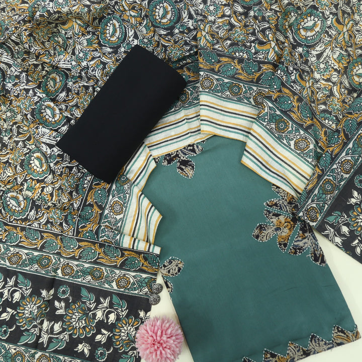 Ehmiyat Dark Sage Green Applique Work Glazed Cotton Top with Art Chanderi Dupatta Set