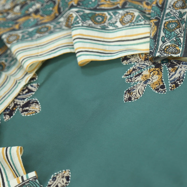 Ehmiyat Dark Sage Green Applique Work Glazed Cotton Top with Art Chanderi Dupatta Set