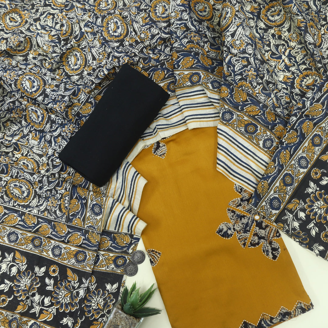 Ehmiyat Honey Yellow Applique Work Glazed Cotton Top with Art Chanderi Dupatta Set