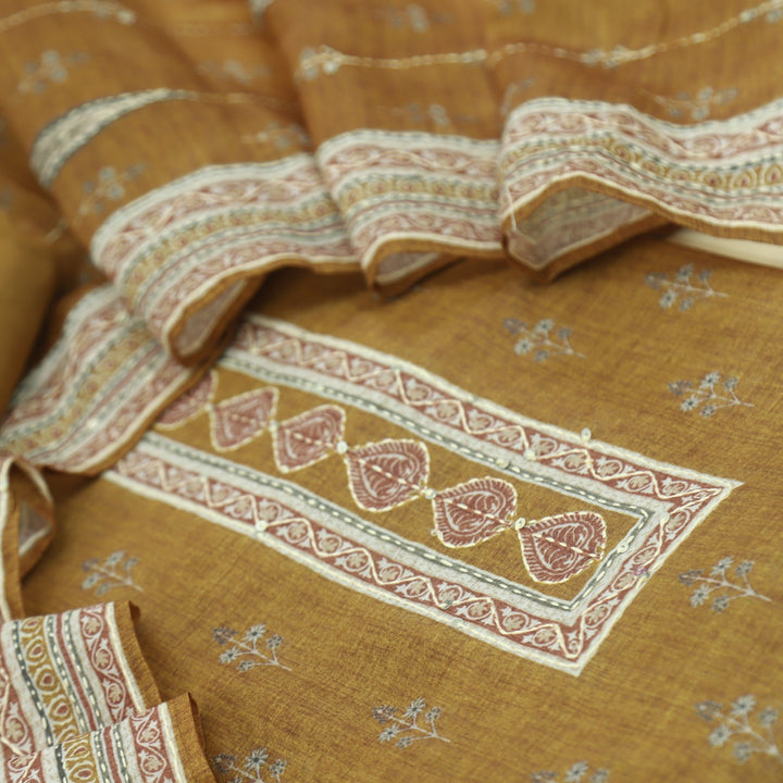 Kohinoor Dandelion Yellow Printed Kantha Work Chanderi Top with Kantha Work Chanderi Dupatta Set