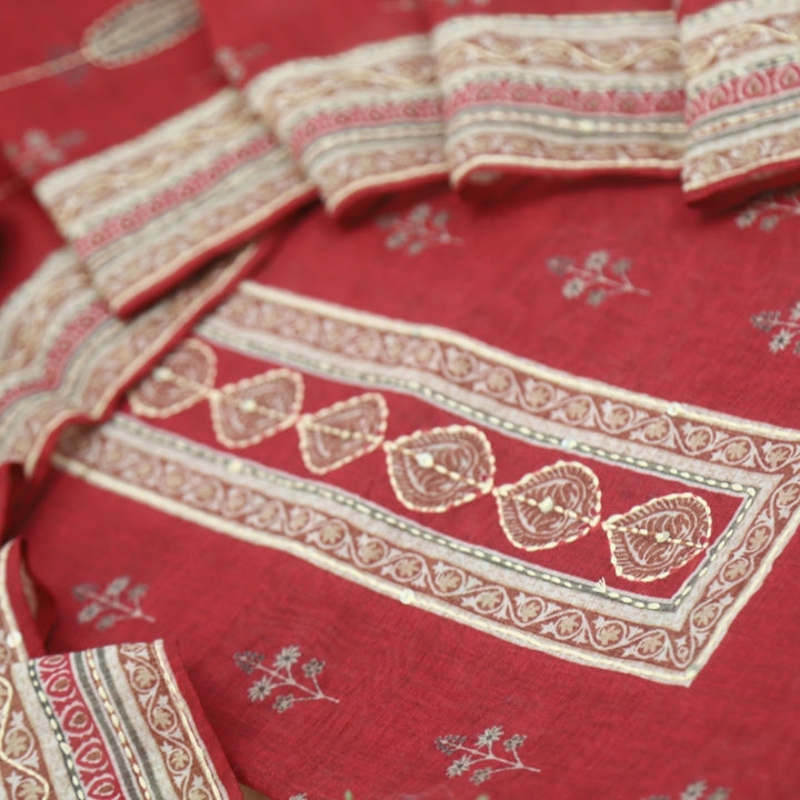 Kohinoor Ruby Red Printed Kantha Work Chanderi Top with Kantha Work Chanderi Dupatta Set