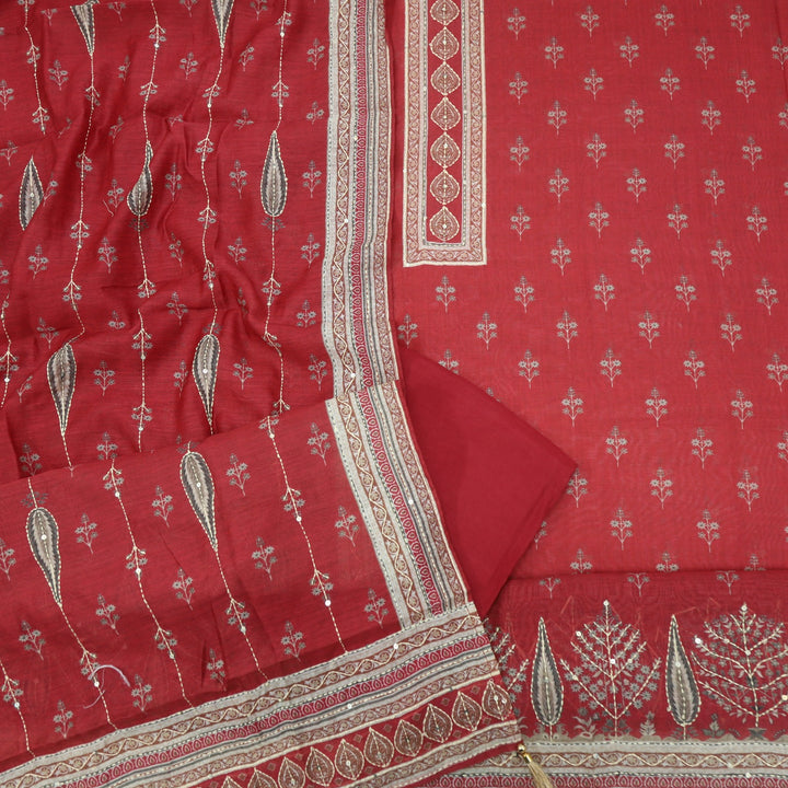 Kohinoor Ruby Red Printed Kantha Work Chanderi Top with Kantha Work Chanderi Dupatta Set