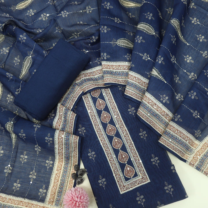 Kohinoor Denim Blue Printed Kantha Work Chanderi Top with Kantha Work Chanderi Dupatta Set