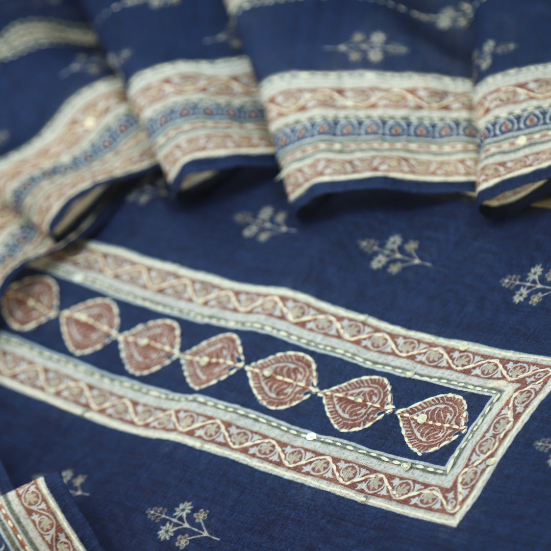 Kohinoor Denim Blue Printed Kantha Work Chanderi Top with Kantha Work Chanderi Dupatta Set