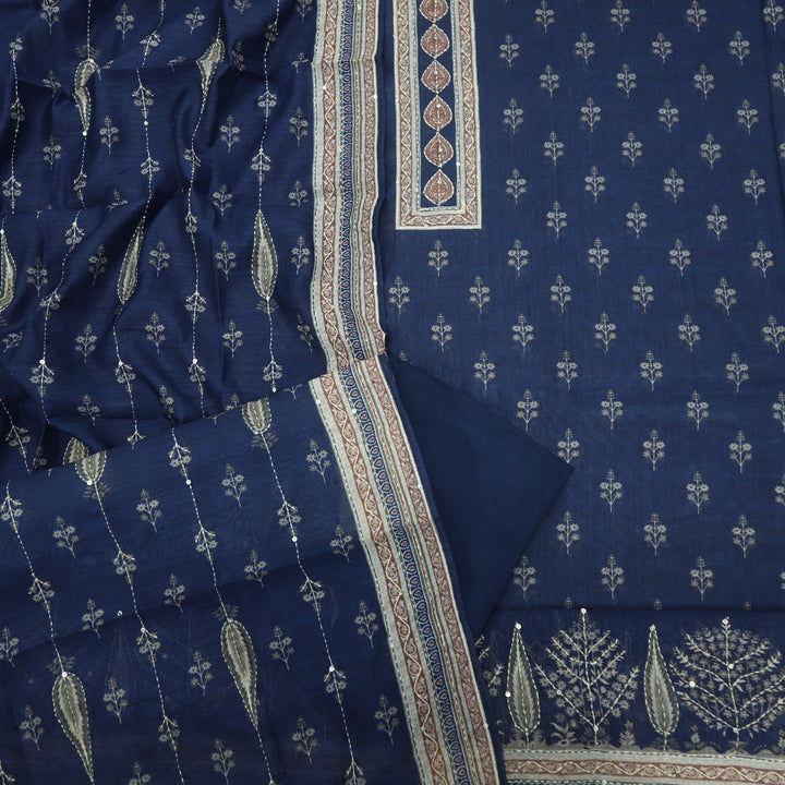 Kohinoor Denim Blue Printed Kantha Work Chanderi Top with Kantha Work Chanderi Dupatta Set