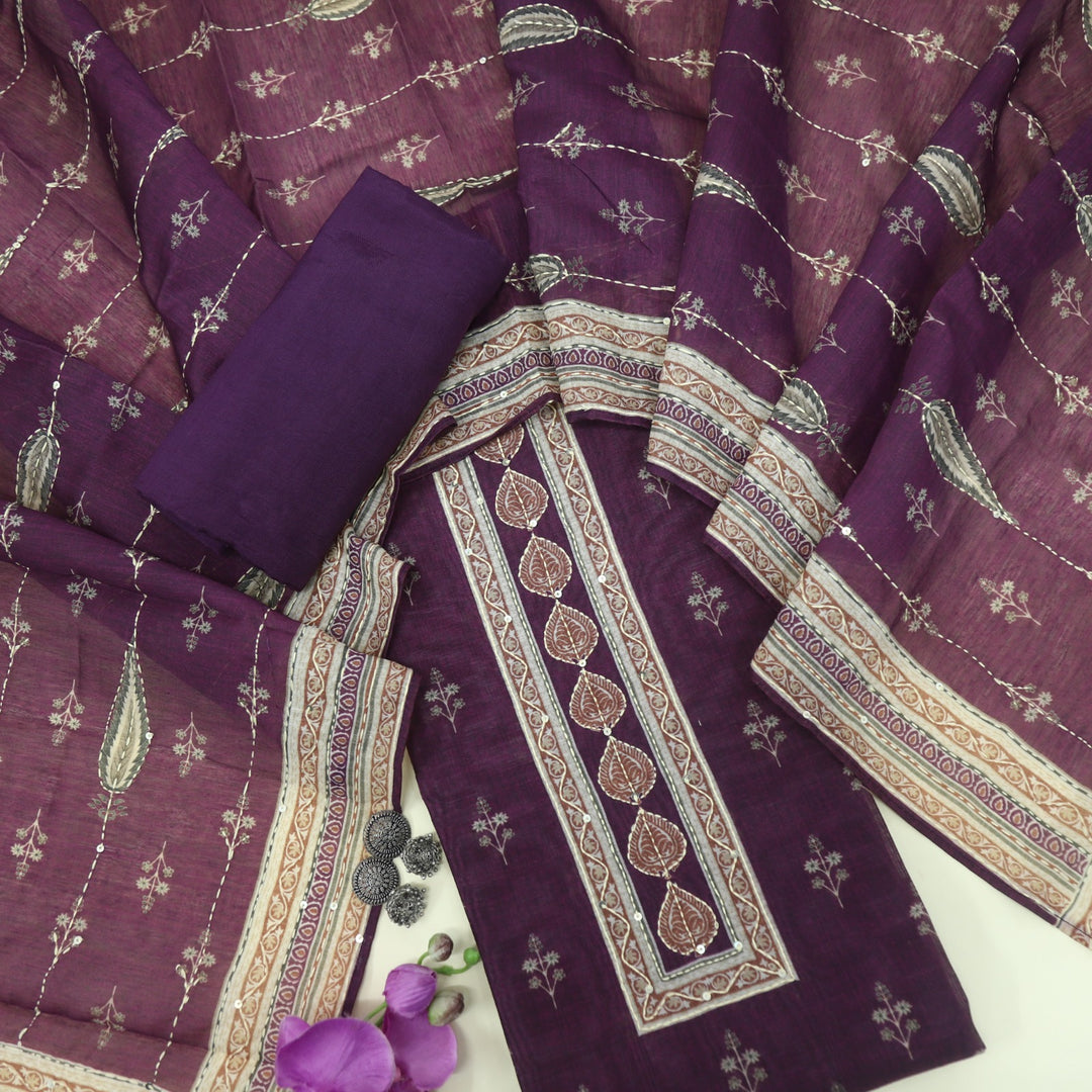 Kohinoor Grape Purple Printed Kantha Work Chanderi Top with Kantha Work Chanderi Dupatta Set