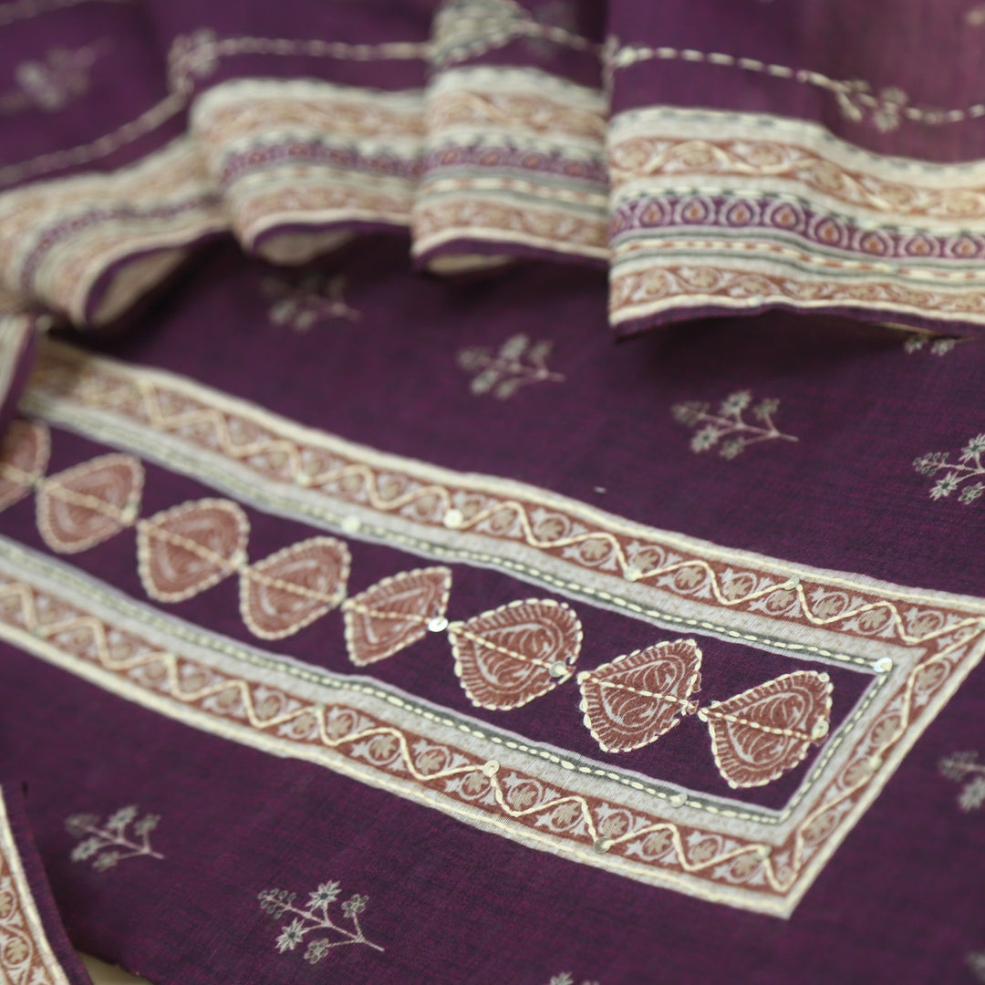 Kohinoor Grape Purple Printed Kantha Work Chanderi Top with Kantha Work Chanderi Dupatta Set