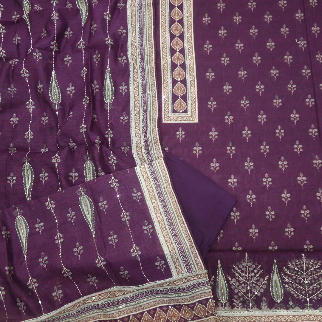 Kohinoor Grape Purple Printed Kantha Work Chanderi Top with Kantha Work Chanderi Dupatta Set