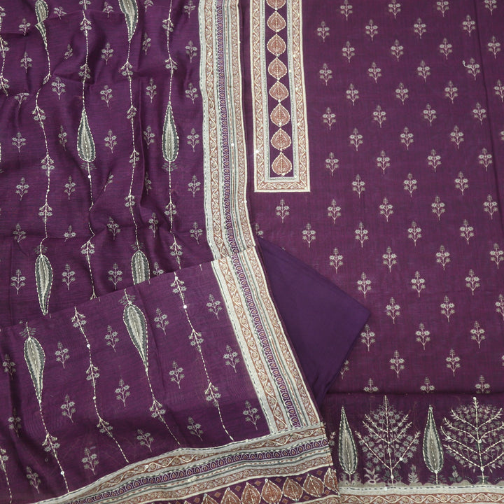 Kohinoor Grape Purple Printed Kantha Work Chanderi Top with Kantha Work Chanderi Dupatta Set