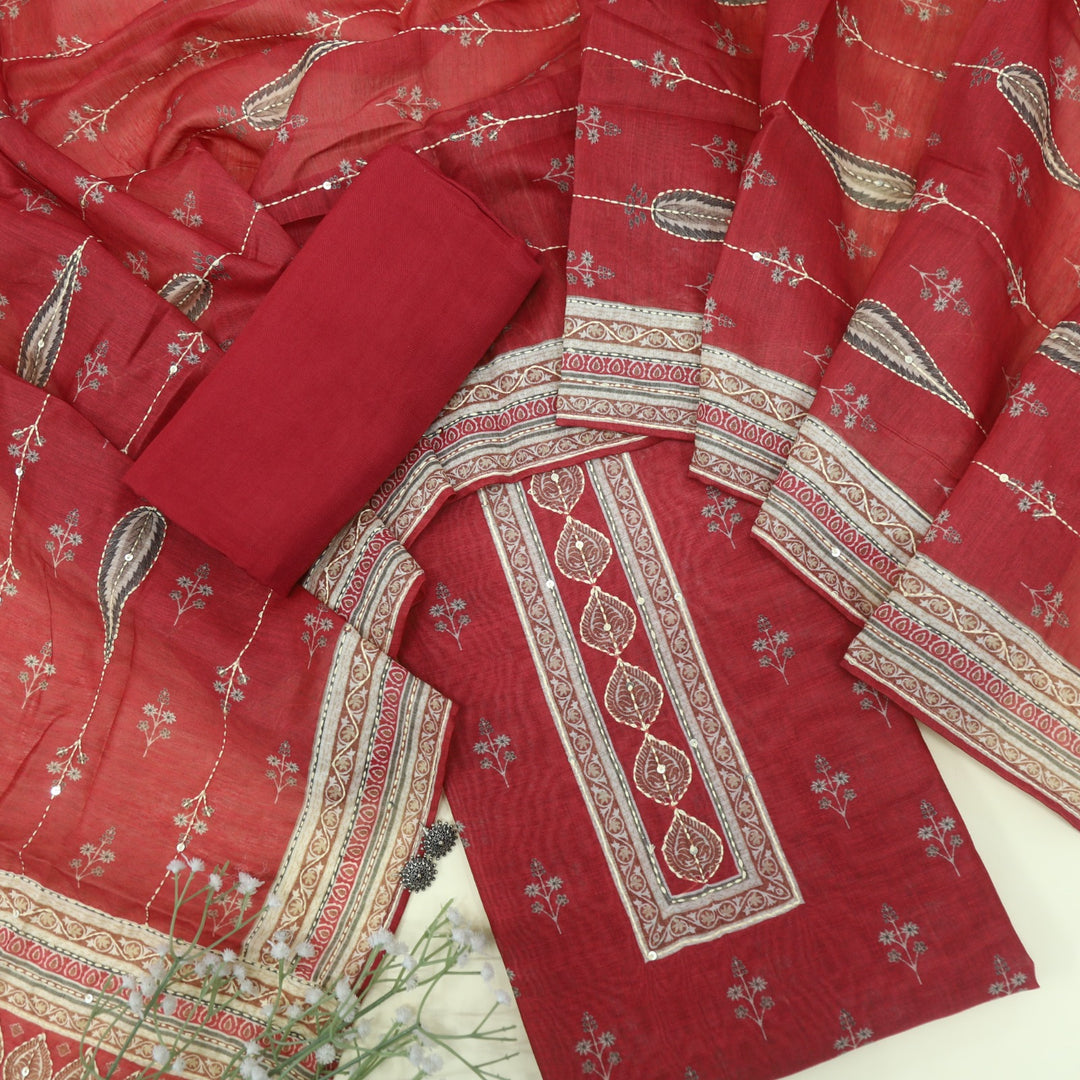 Kohinoor Ruby Red Printed Kantha Work Chanderi Top with Kantha Work Chanderi Dupatta Set