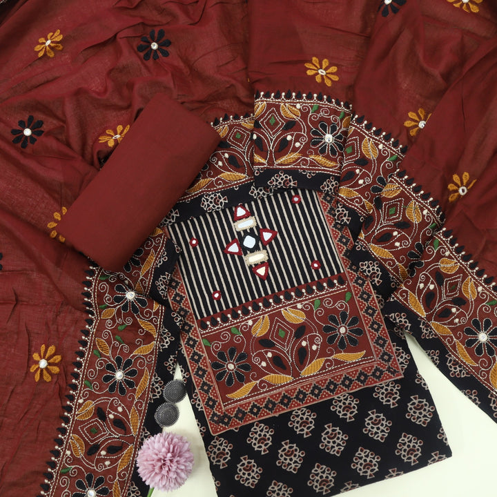 Khairiyat Midnight Black Kutch Work Printed Cotton Top With Printed Cotton Dupatta Set
