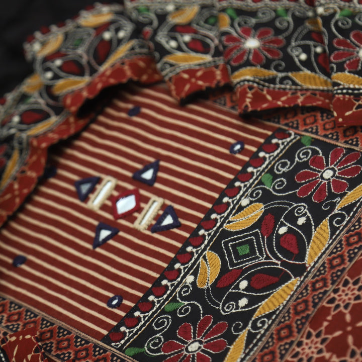Khairiyat Maroon Red Kutch Work Printed Cotton Top With Printed Cotton Dupatta Set
