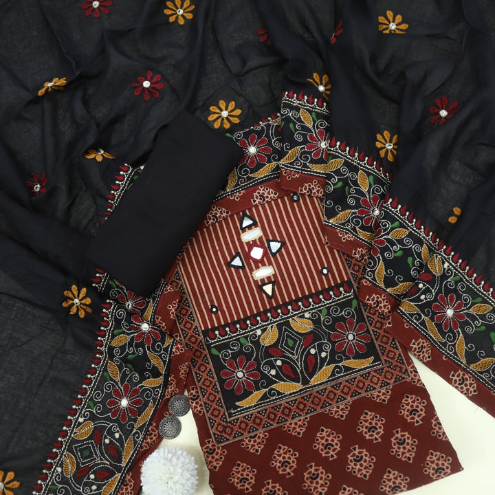 Khairiyat Blood Red Kutch Work Printed Cotton Top With Printed Cotton Dupatta Set