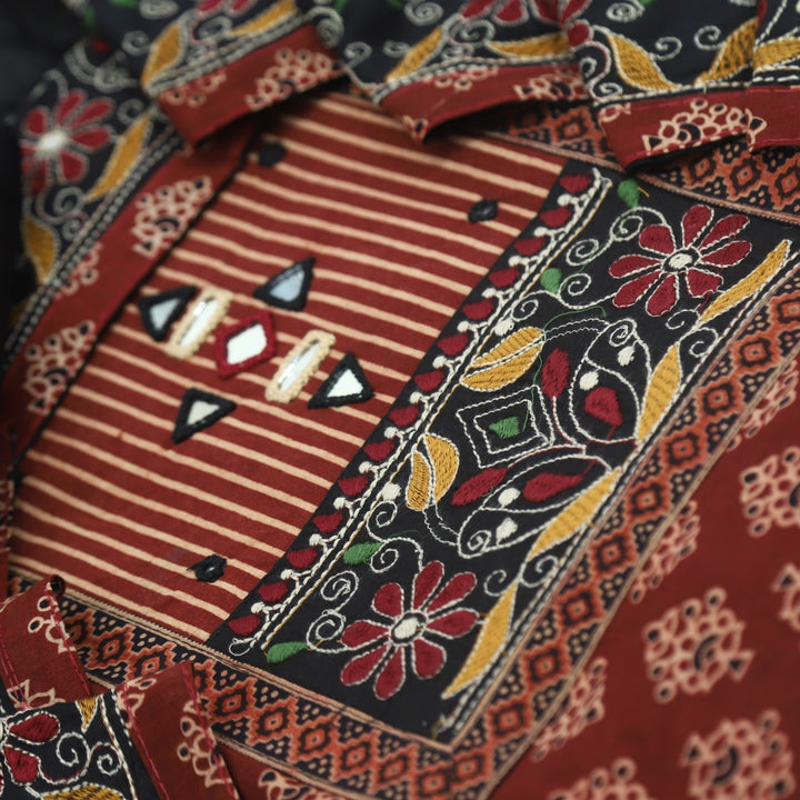 Khairiyat Blood Red Kutch Work Printed Cotton Top With Printed Cotton Dupatta Set