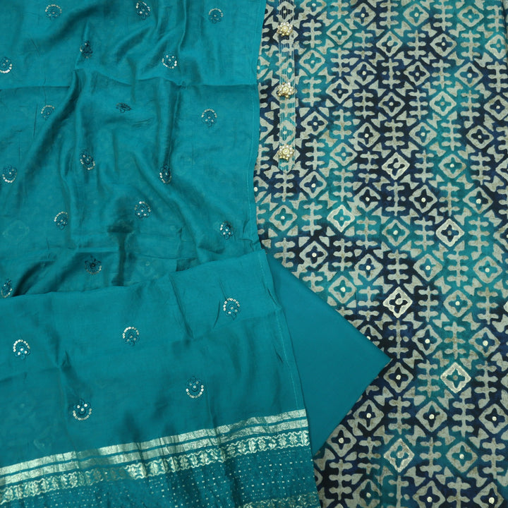 Khairiyat Ocean Blue Printed Modal Top With Chanderi Silk Dupatta Set