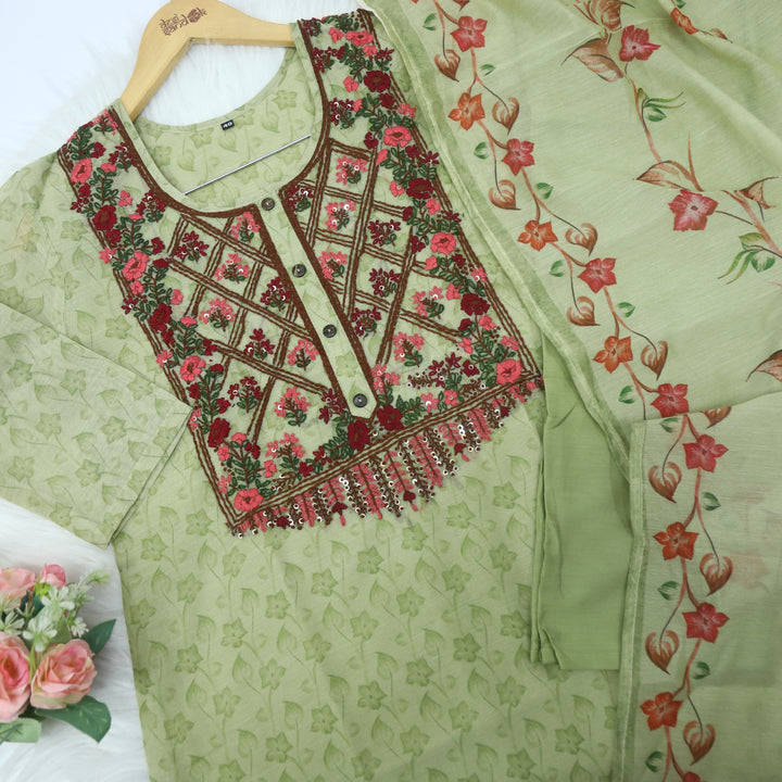 Heeriye Fern Green Digital Printed Chanderi Top with Chanderi Dupatta 3 Piece Set