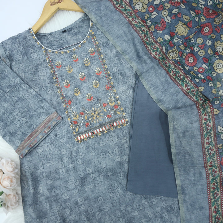 Heeriye Steel Grey Digital Printed Chanderi Top with Chanderi Dupatta 3 Piece Set